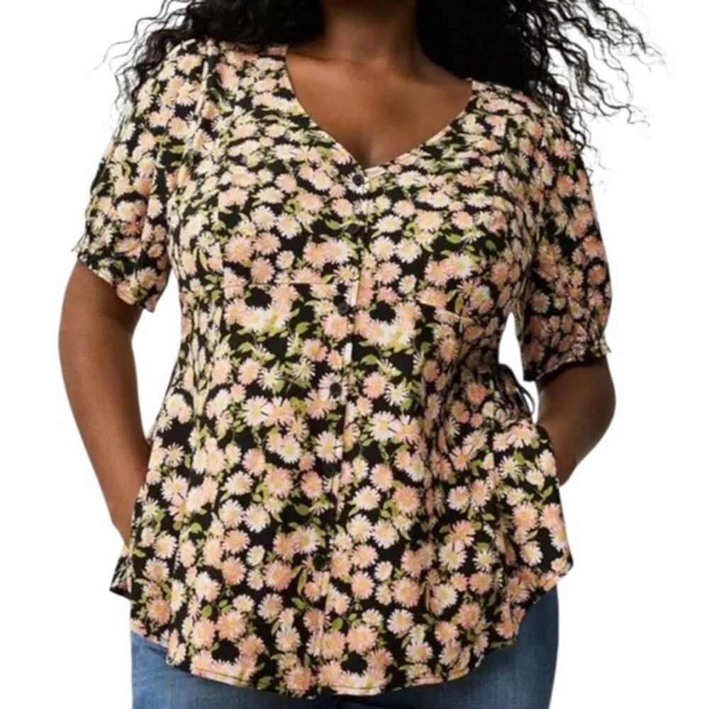 New Torrid Womens 1X Plus Size Top Daisy Challis Side Tie Babydoll Short Sleeve